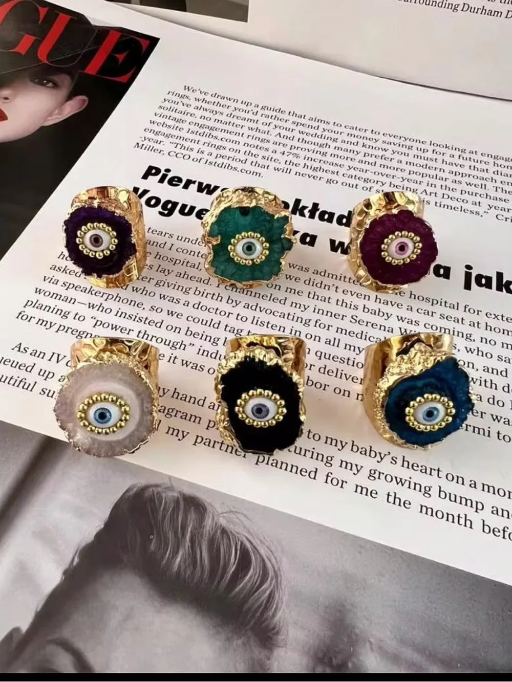 New! Black Synthetic Geode Agate Druzy Gold Plated Evil Eye Statement Ring